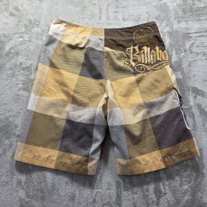 Billabong Board Shorts Mens 34 Plaid Brown Yellow Surf Swim Trunks Cargo Pocket